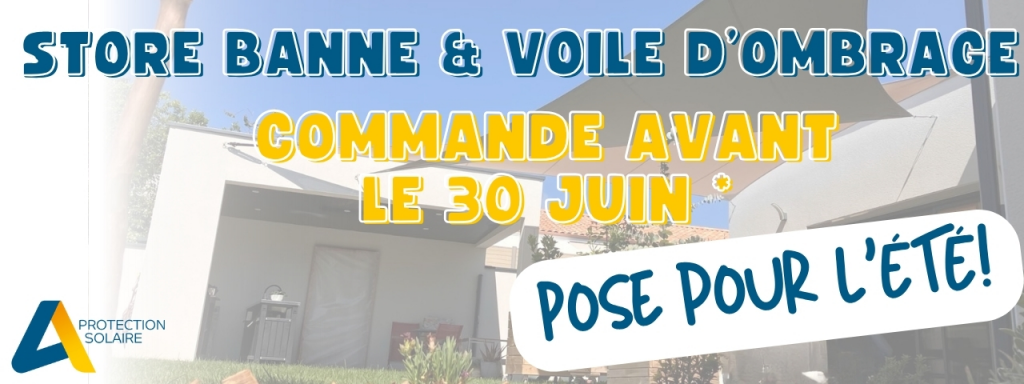 offre store banne pergola jusqu'au 30 juin pour pour cette été sur fon de photo d'une voile d'ombrage terra cotta et noir