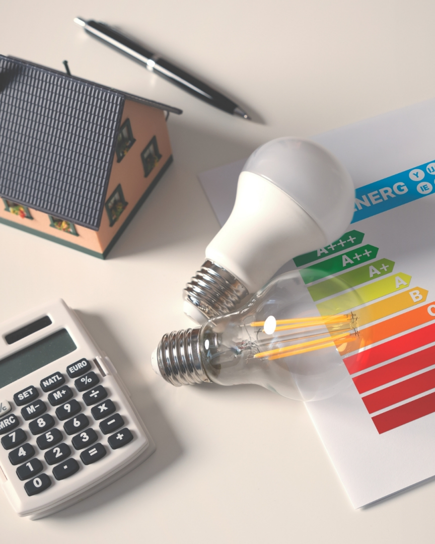 Artim Menuisier Cholet Isolation Combles Design Sans Titre 5 calculatrice, ampoule, maison et diagnostique énergétique sur une table à cholet pour montrer l'économie d'énergie