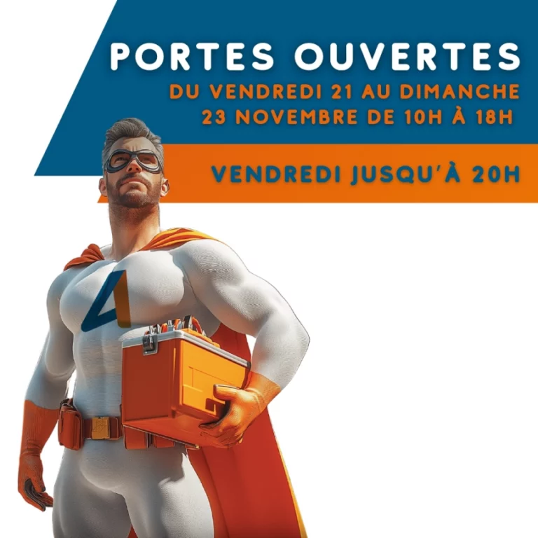 affiche portes ouvertes du 21 au 23 novembre avec super héro avec logo ARTIM avec caisse à outils