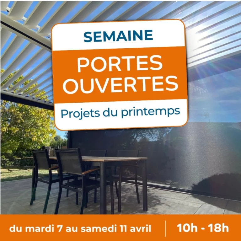 pergola vue du dessous avec lames ouvertes et table sur une terrasse avec le logo des portes ouvertes ARTIM