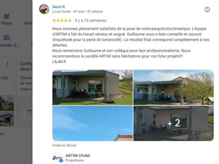 Avis client positif après installation d’une pergola bioclimatique ARTIM près de Bressuire