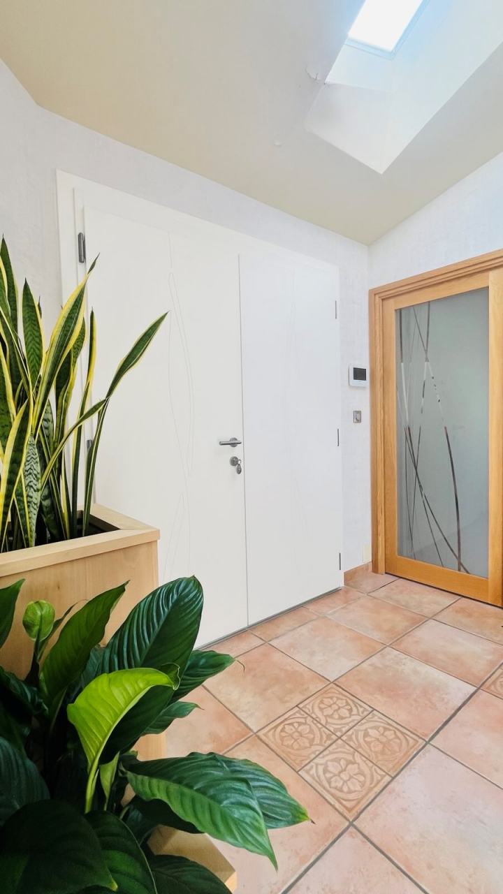 Porte d’entrée blanche avec tierce latérale installée en rénovation